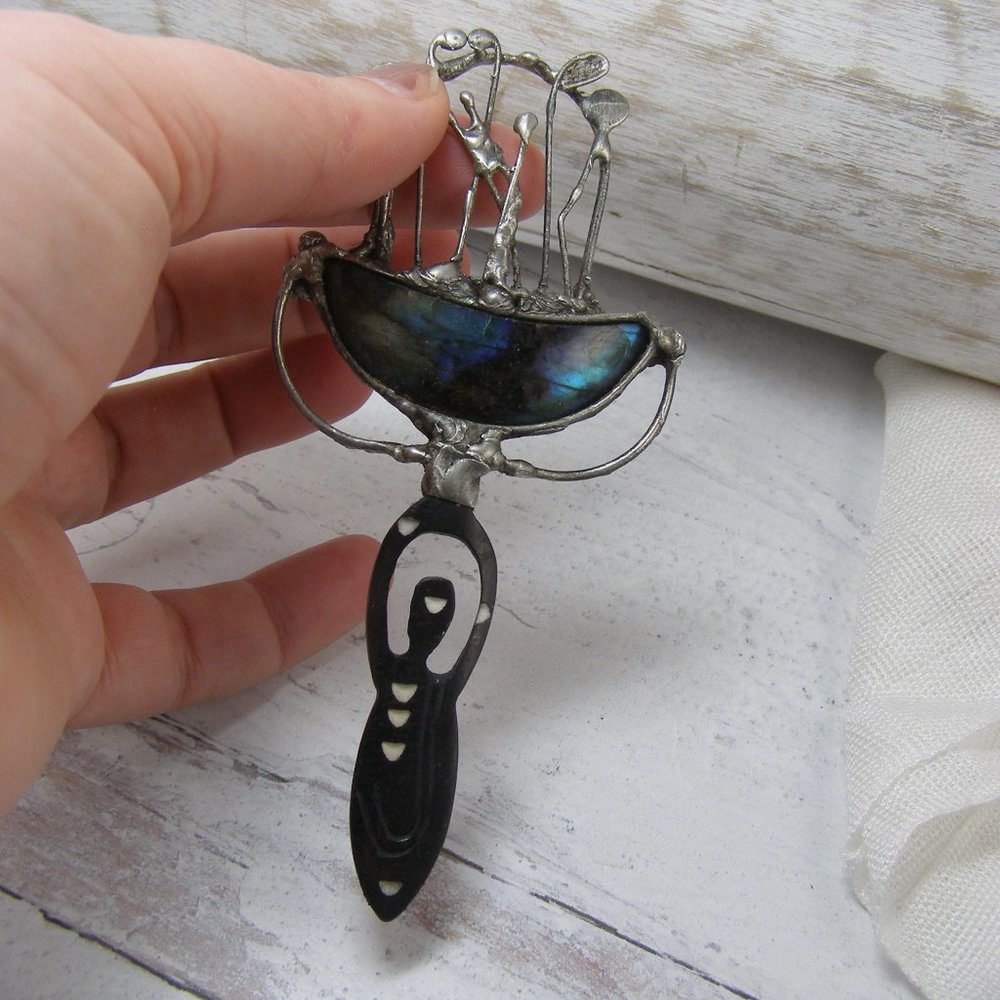 Labradorite Crescent Moon Wood Goddess Pendant Finding